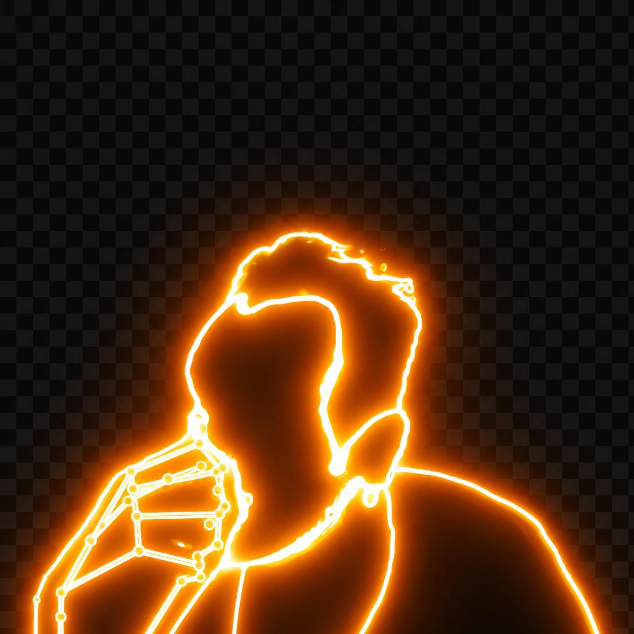 Live audiovisual performance still — neon outline figure on a dark field