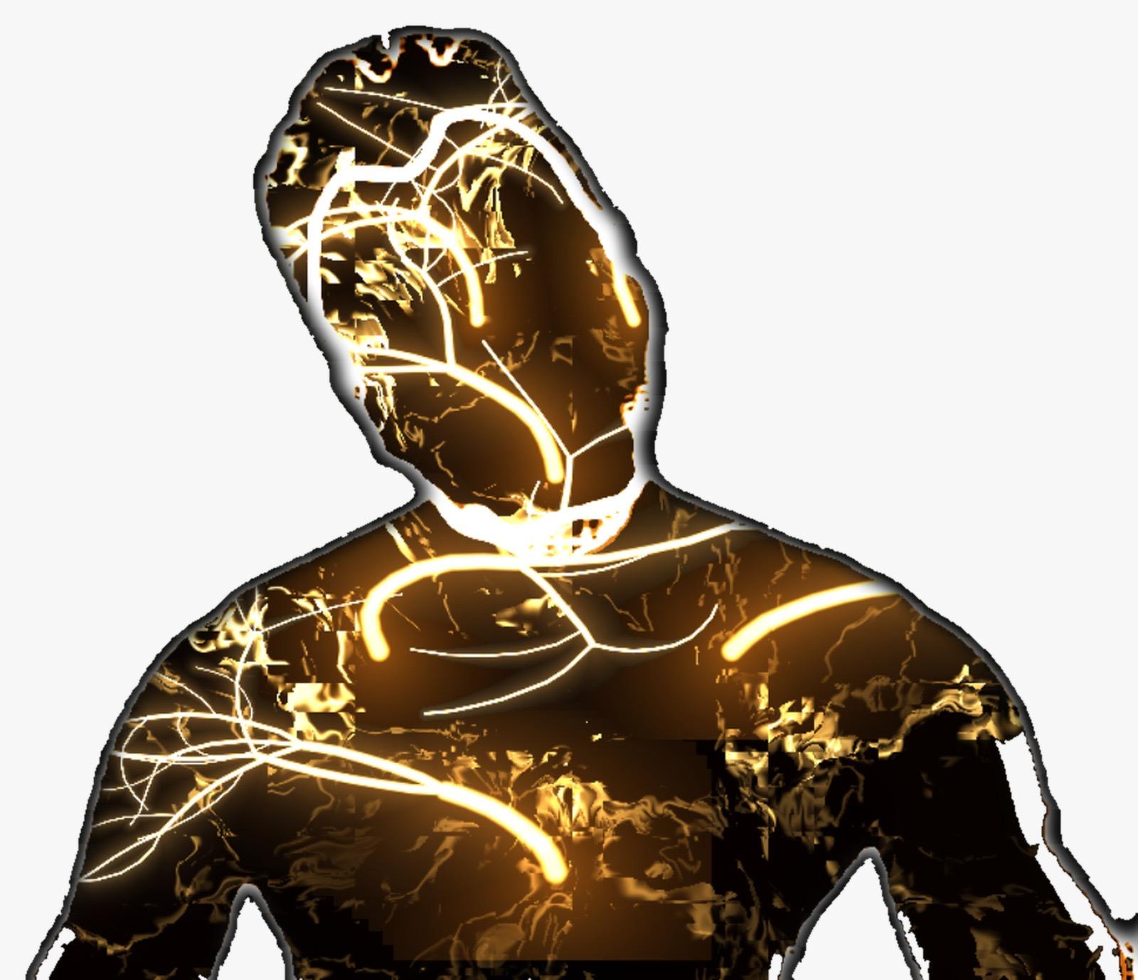 Live audiovisual performance still — gold figure with light trails